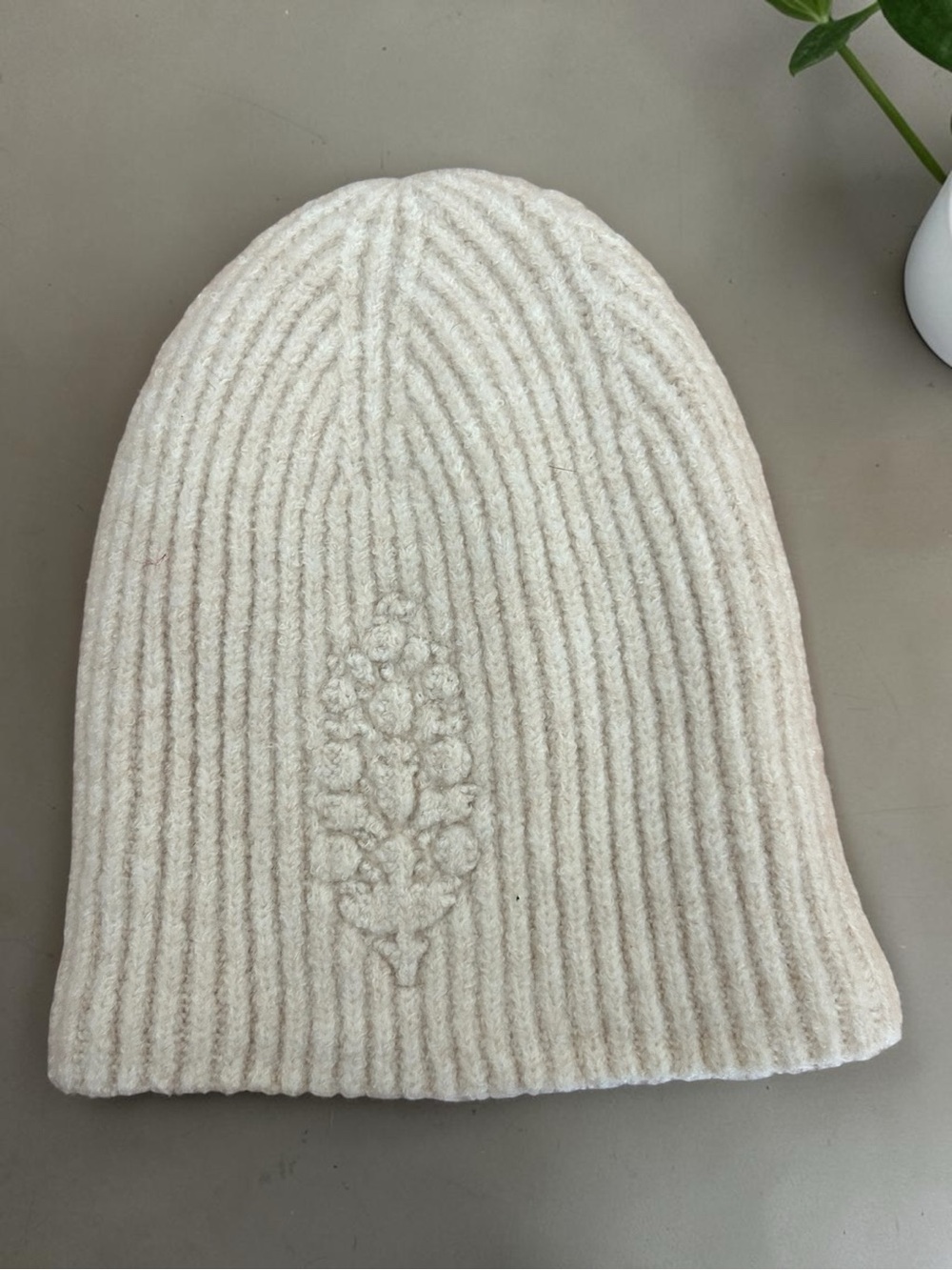 We The Free Cream Ribbed Knit Beanie with Floral Cable Detail